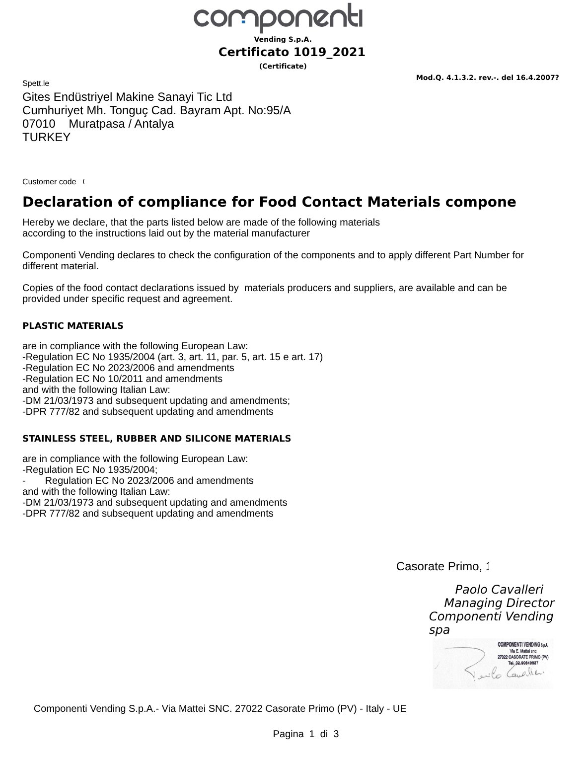 Componenti Gıda Uygunluk